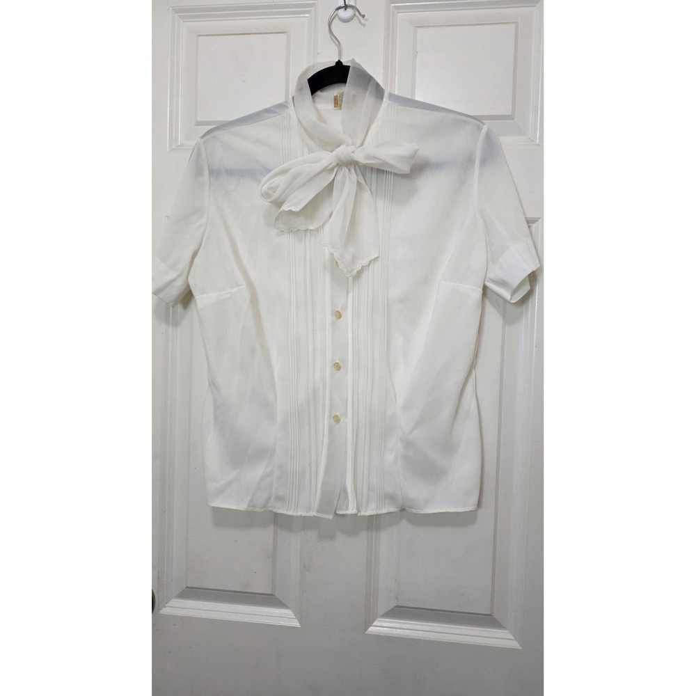 VTG Jane Holly‎ Y2k Blouse Womens 16 White Bow Pintuck Short Sleeve Retro